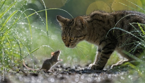 Eine getigerte Katze beobachtet eine Maus