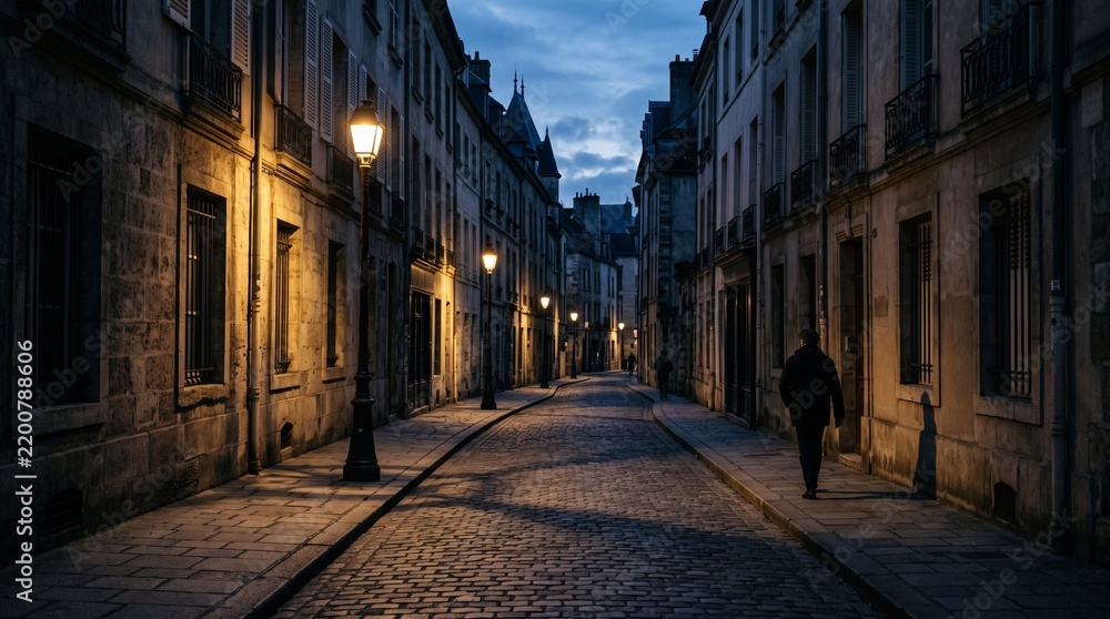 Fototapeta premium Man walking down a cobblestone street lined with old buildings and gas lamps at dusk