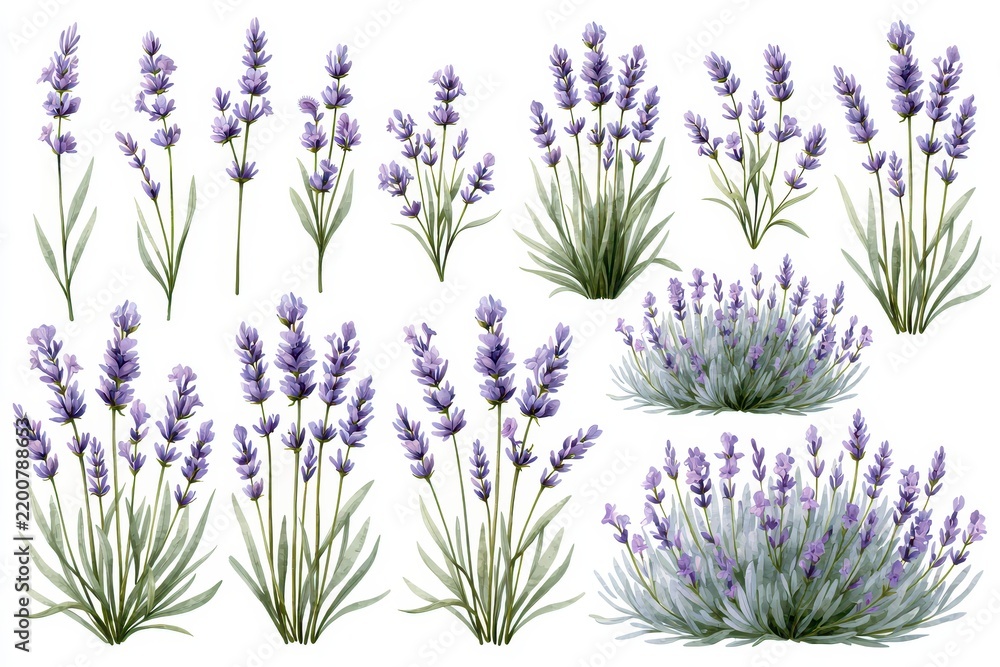 Fototapeta premium Set of lavender flowers and bushes isolated on white background