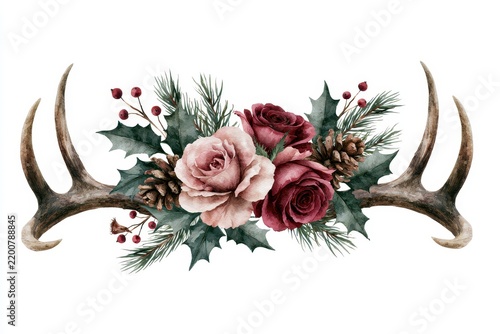 Watercolor winter arrangement with deer antlers, red roses, pine cones, holly and berries, isolated on white background
