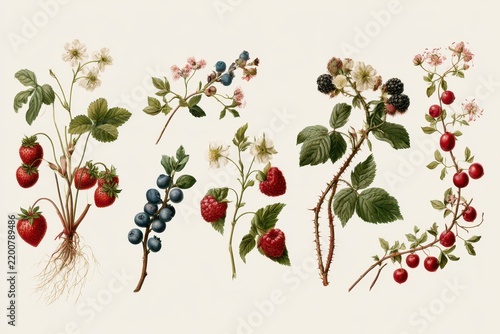 Botanical illustration of various berries including strawberries, blueberries, raspberries, and blackberries with leaves and flowers isolated on white background