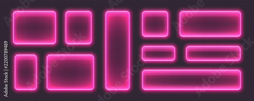 Glossy neon buttons, glowing glass banners in pink color. Transparent rectangular frames with LED light. Futuristic tech boxes for user interface. Vector illustration shapes.