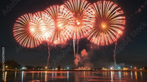 Spectacular fireworks burst in vibrant colors, illuminating the night sky above a calm river and city skyline, reflecting festive celebration and joyful atmosphere on a summer evening.