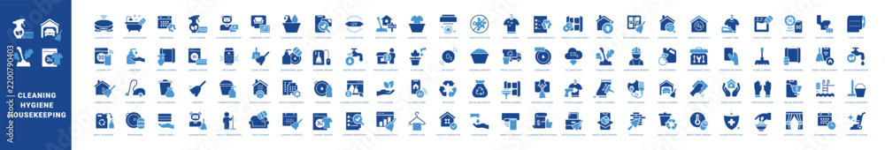 Fototapeta premium Colored filled vector icon set for cleaning service, hygiene and housekeeping for mobile apps and web interfaces.