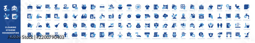 Colored filled vector icon set for cleaning service, hygiene and housekeeping for mobile apps and web interfaces.