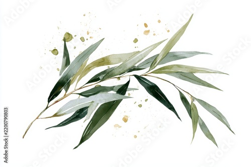 Watercolor painting of a delicate willow branch with green leaves and artistic golden paint splatters isolated on white background