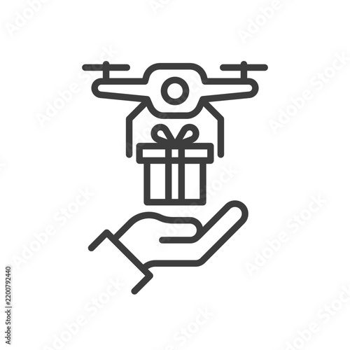 drone delivering gift box clip art icon symbol, express delivery concept, hand receiving a present, line art vector illustration