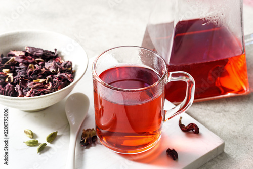 Hibiscus tea also known as karkade with dried flowers