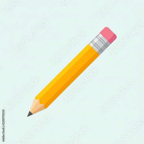 Yellow pencil with pink eraser on light blue background, flat vector style, school supplies icon pen