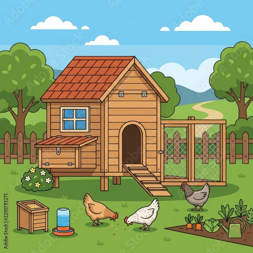 Cute cartoon chicken coop with hens in a garden, wooden fence, waterer, and vegetable patch chicken