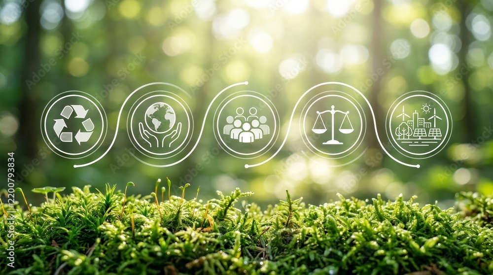 Obraz premium Corporate sustainability and CSR icons connected by a line over green moss.