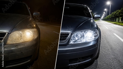 Cloudy headlights and clear night road visibility