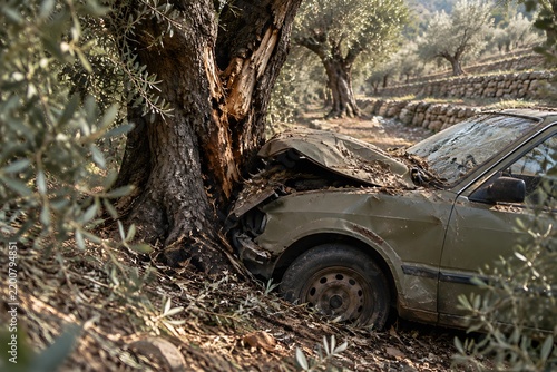 Car embedded nose first in the trunk of an old olive tree at the edge of a terraced grove after impact