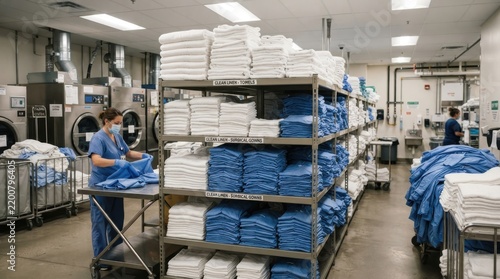 A hospital laundry worker folding clean linens in an industrial facility with shelves of sorted towe