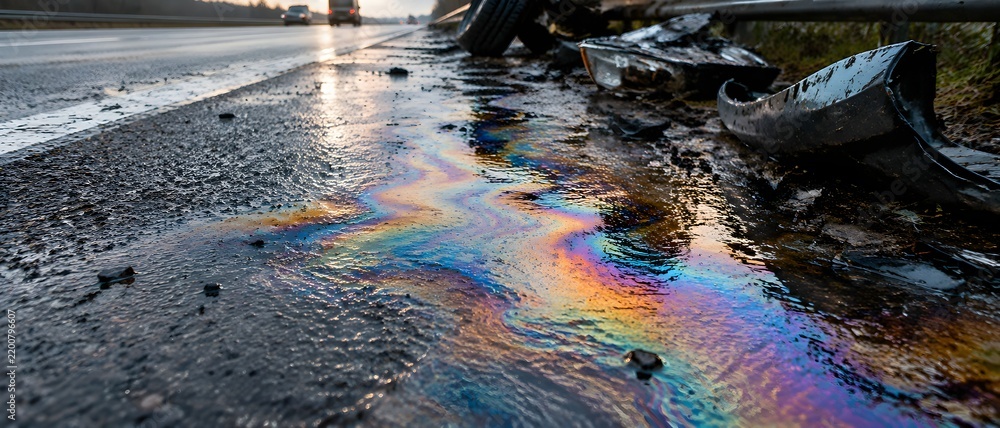 Obraz premium Iridescent diesel sheen spreading across the wet hard shoulder of a motorway beside roadside wreckage