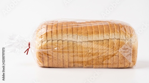 Fresh loaf of sliced white sandwich bread packaged inside a clear plastic bag against a seamless studio white background.