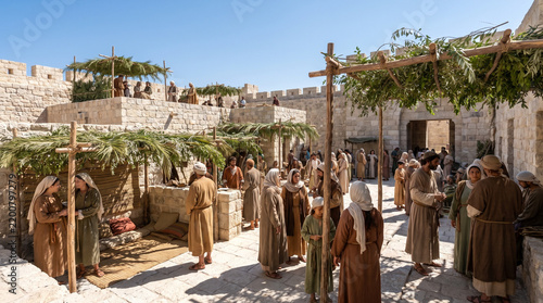 Families build leafy booths on the rooftops and squares of Jerusalem for the Feast of Tabernacles, photorealistic depiction of the Old Testament story