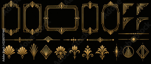 Art Deco decorative elements set. Vector gold geometric frames, borders, corners, floral ornaments and vintage line decorations on black background for luxury invitations and branding