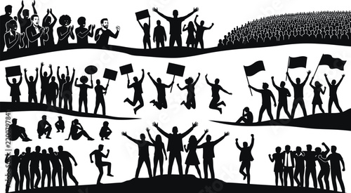 Crowd and people silhouettes vector set with cheering crowds, protesting groups, and celebratory figures   