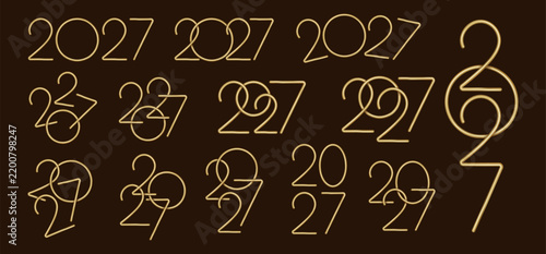 2027 New Year golden set. This festive gold 2027 design features elegant numbers repeated on a dark background. Perfect for holiday cards. Vector illustration.