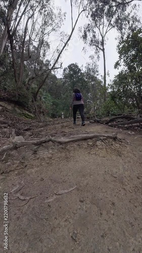 Vertical video of hiker walks along a muddy forest trail wearing sneakers and a backpack.