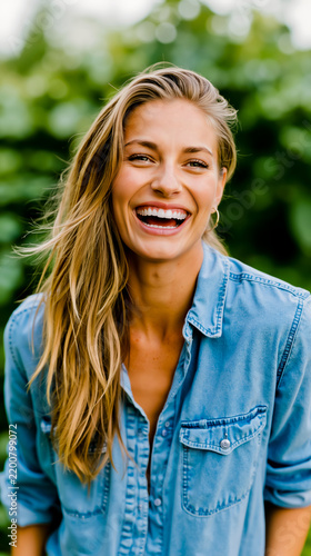 A woman with long blonde hair is smiling and laughing wearing a blue denim shirt