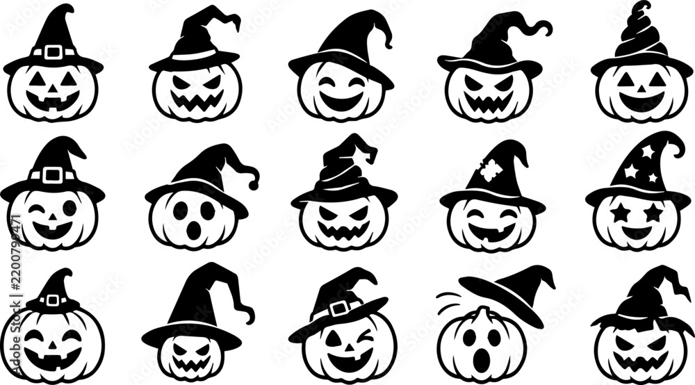Fototapeta premium Jack o lantern pumpkins wearing witch hats icon set for Halloween