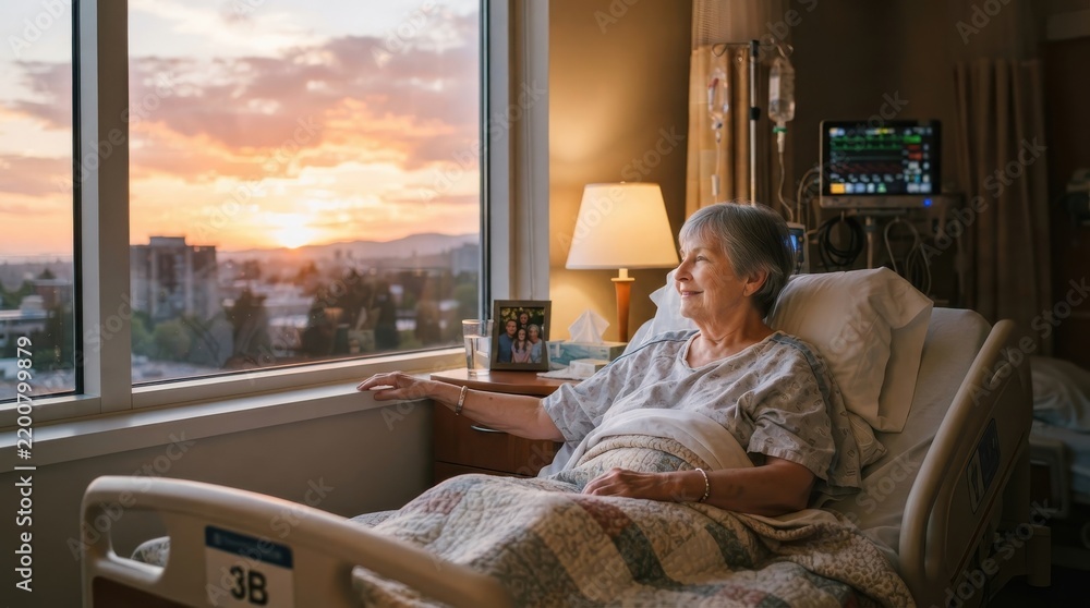 Obraz premium elderly woman sitting in a hospital bed looking out the window at a sunset cityscape with calm repos