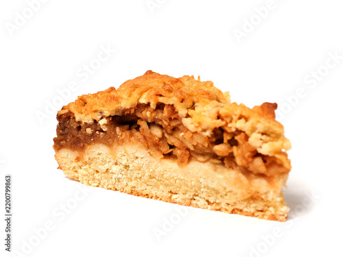Foto Single slice of apple pie with golden, crumbly topping
