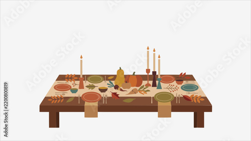 Cozy autumn dinner table setup with festive fall decor, pumpkins, and candles for seasonal gatherings