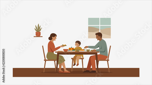 A warm family having a delicious dinner together at the dining table in a cozy home interior