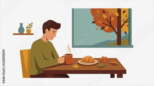 Cozy autumn morning illustration of a young man enjoying hot coffee and a croissant by the window