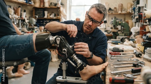 A prosthetic technician adjusting a mechanical artificial leg for a patient in a professional worksh