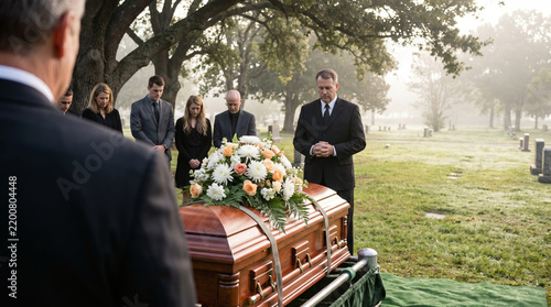 Attendee viewing solemn outdoor graveside committal service