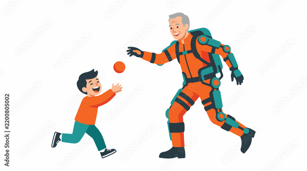 Obraz premium A grandfather wearing a high-tech mobility exoskeleton playing ball with his young grandson. Dynamic movement, joyful atmosphere, wide white background. Pallet: White, Bright Orange, Charcoal,