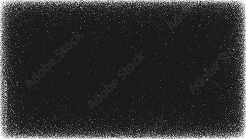 Abstract stippling border made of thousands tiny white dots on dark background. Soft scattered texture creates fading frame with distressed stippling effect around empty center for masks or overlays