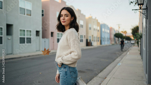 Young professional woman in oversized knit sweater and denim shorts walking confidently down urban sidewalk during daylight
