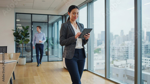 Professional woman in business attire using a digital tablet while walking through a modern office