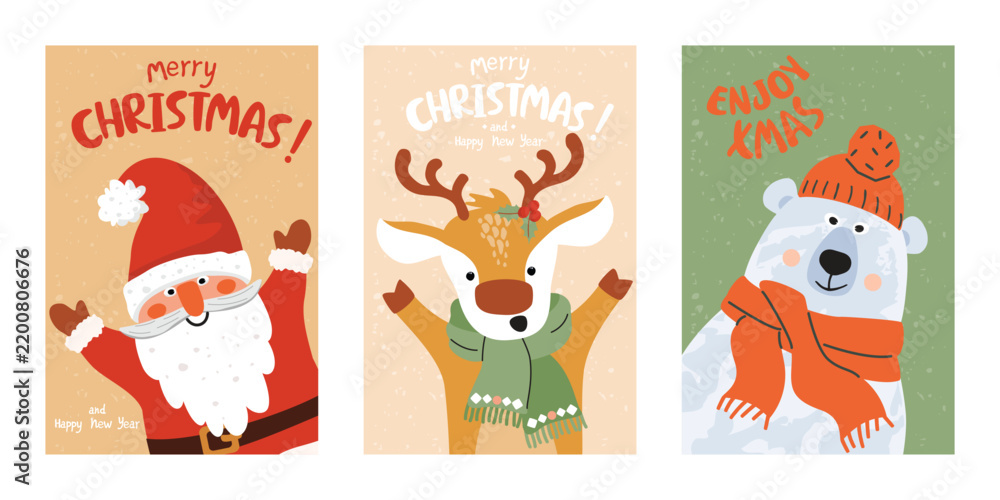 Fototapeta premium Set of Christmas greeting cards with cute characters. Cartoon Santa Claus, reindeer, polar bear. Flat style vector illustrations on background with grainy texture. Ideal for holiday posters, banners.