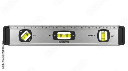 Close up of a metal spirit level tool showing horizontal vertical and 45 degree bubble vials on a white background