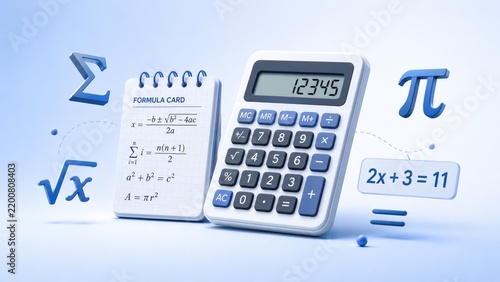 Blue-themed calculator with formula card, math symbols and algebra equation in a clean 3D study concept