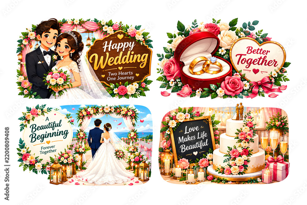 Obraz premium Elegant Wedding Vector Collection with Bride and Groom, Wedding Rings, Floral Arch, Cake, Flowers and Romantic Celebration Designs 