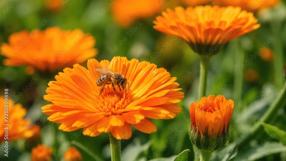 Fototapeta premium Honeybee collecting nectar on a vibrant orange calendula (marigold) bloom in a sunlit garden