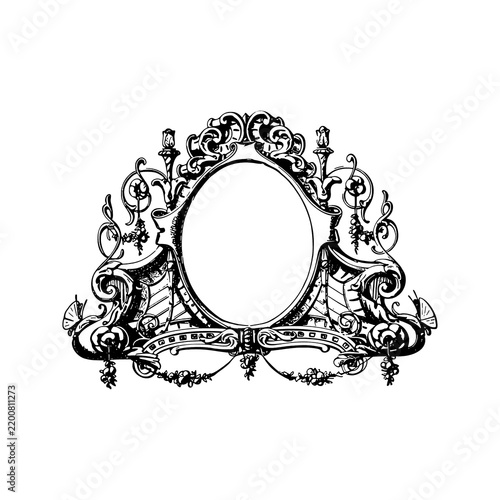 Obraz na plátně A black-and-white illustration of an oval frame adorned with intricate antique or vintage-style ornamental carvings, set against a transparent background