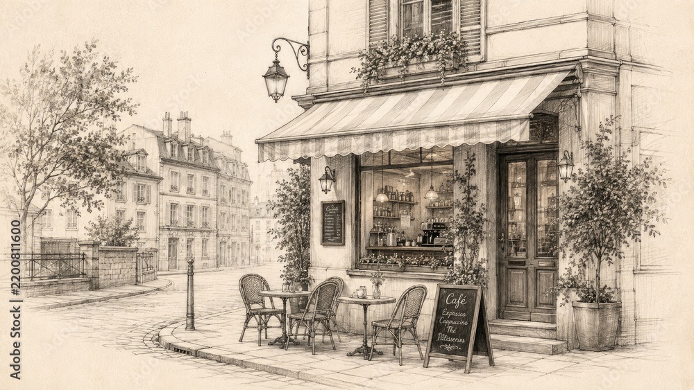 Obraz premium Sepia pencil sketch of a quaint European street cafe with outdoor tables, striped awning, chalkboard menu and detailed storefront