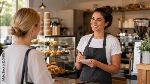 Smiling barista taking an order at a cozy cafe counter with pastry display and coffee equipment
