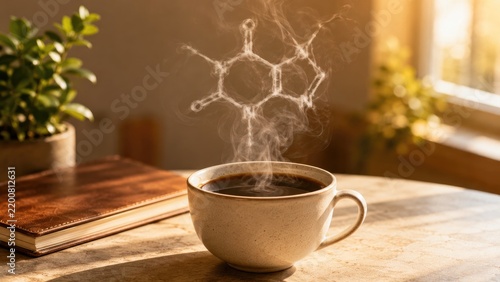 Steaming cup of coffee with steam forming a caffeine molecule in a warm sunlit cozy tabletop scene