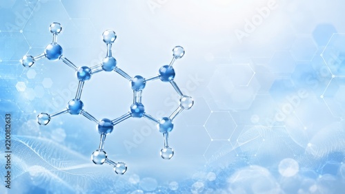 Blue 3D molecular structure model hovering over a hexagonal science background, abstract chemistry and biotechnology concept