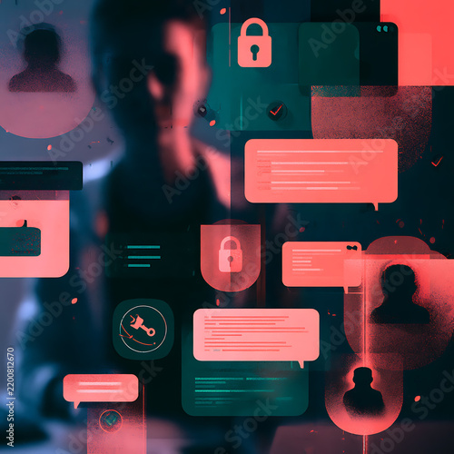 Abstract illustration of secure digital messaging, with coral chat bubbles, locks, and user silhouettes layered over a blurred figure in dark teal.