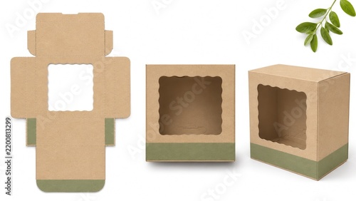 Kraft cardboard bakery box with scalloped clear window and green band, shown as flat dieline and assembled boxes with leaf accent